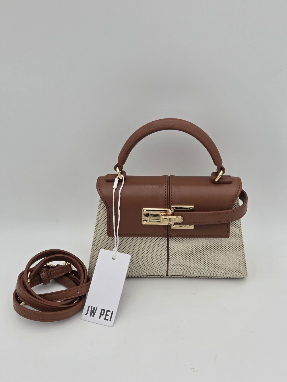 JW PEI Elise Top Handle Bag in brown canvas and vegan leather